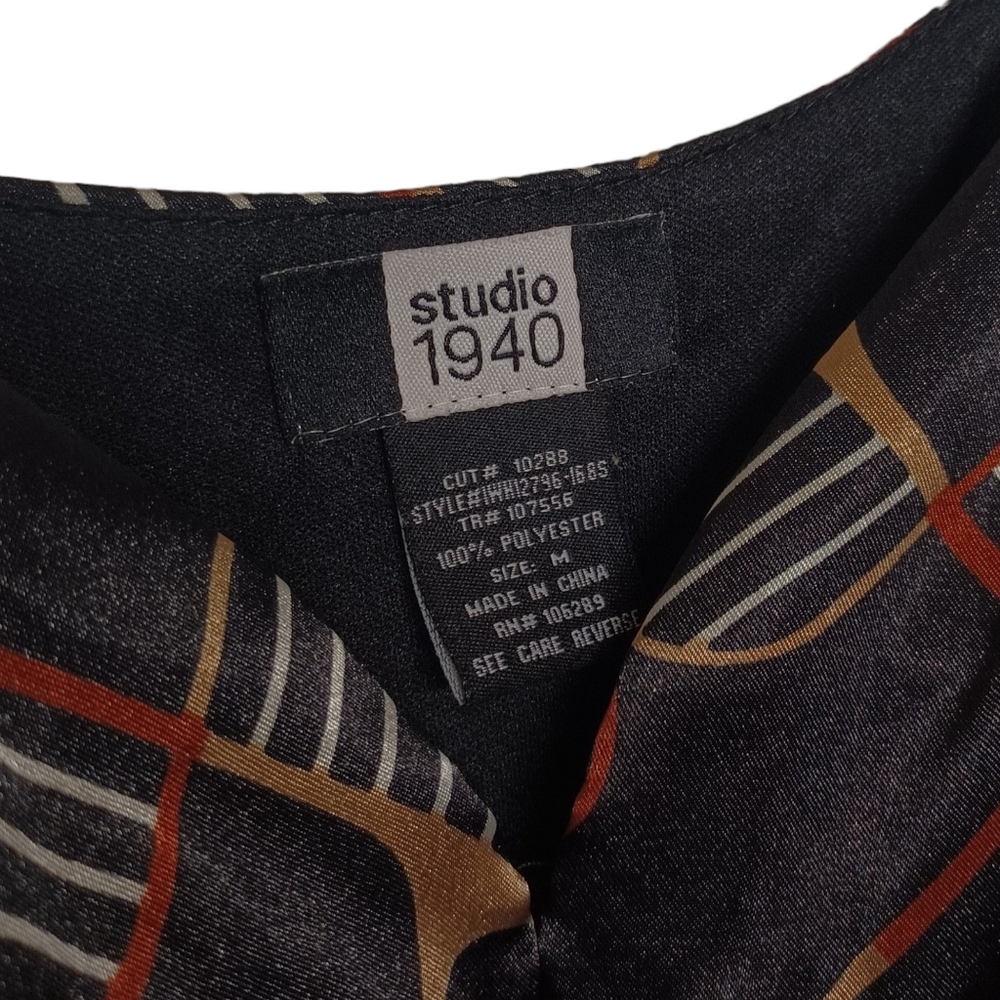 STUDIO 1940 Brown White Stripe Print Black Sleeveless Top Medium - Picture 3 of 8